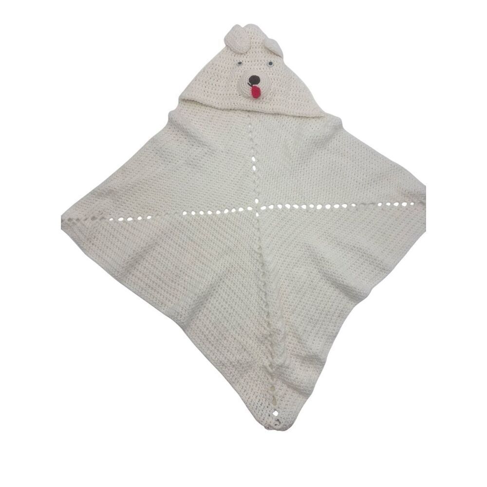 This is a hand-crocheted hooded baby blanket shaped like a bear.